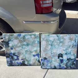 (2)  20”x20” Ocean Theme Canvas Pictures Blues Greens Bubbles  