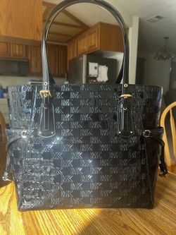  Michael Kors Tote Black Silver-Tone Hardware Dual Adjustable Shoulder Straps Leather Trim Embellishment & Dual Exterior Pockets Logo Jacquard Lining 