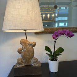 Vintage Chapman Dancing Frog Table Lamp w/ Linen Shade – Sculptural 1970s MCM