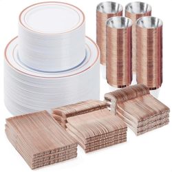 600PCS Plastic Dinnerware Set (100 Guests), Rose Gold Disposable Plates for Party, Wedding, Christmas, Anniversary, Includes: Dinner Plates, Dessert P