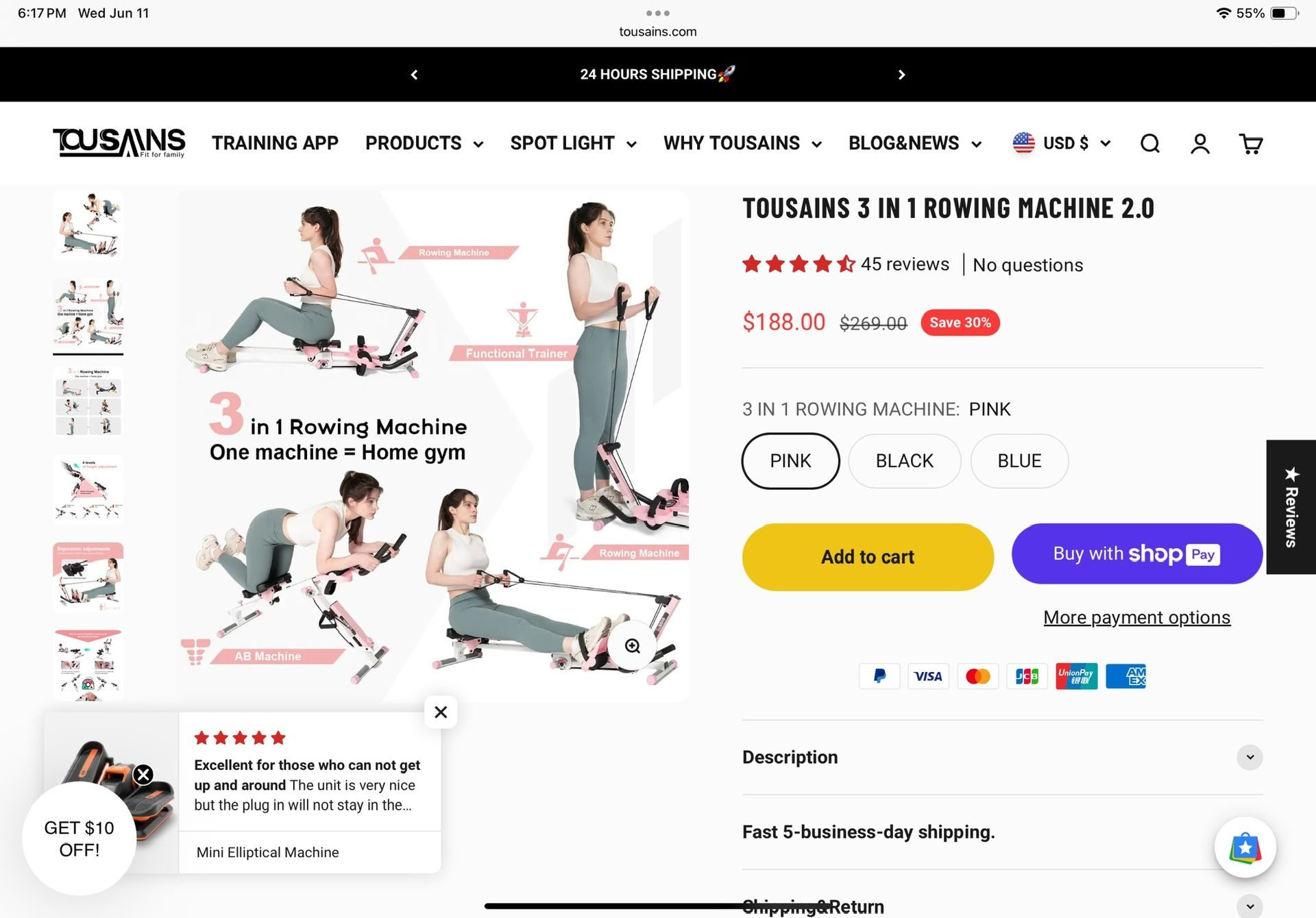 Tousains PINK 3-in-1 Rowing Machine