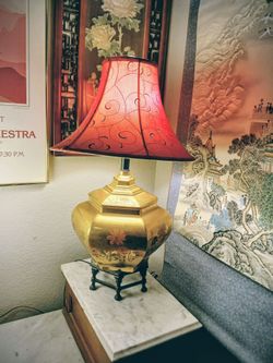 Antique Solid Brass Etched Handpainted Chinese Table Lamp On Cast Iron Stand