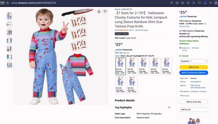 Brand new Halloween Chucky Costume for Kids Jumpsuit Long Sleeve Rainbow Shirt Scar Tattoos Prop Knife
