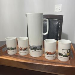 Bavaria Germany Car 5 Tumblers Pitcher Renault Austin Mercedes Ford Fiat Benz