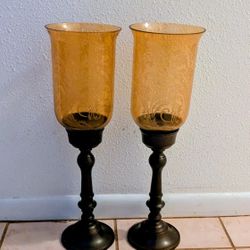 Home Decor Glass Etched Vase Wooden Stands Luminary Candles 21 Height Set 2