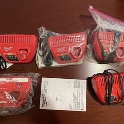 3X Brand New Milwaukee M12 12-Volt Lithium-Ion Battery Chargers +2X USED Chargers (Five total Chargers-Only)