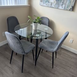 Modern 5-Piece Glass Dining Set (4 Velvet Chairs + Round Table)
