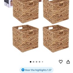 12x12in Storage Baskets Set of 4 Water Hyacinth Baskets,Foldable Handwoven Storage Cubes,Wicker Cube Baskets Laundry Organizer Totes for Home
