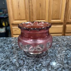 Vintage Ruby Flash Glass Rose Vase with Scalloped Rim.  Size approximately 3 1/2 inches tall.  Preowned.  Has been on display in a cabinet.  Smoke fre