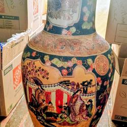 Large Hand-Painted Japanese Satsuma-Style Porcelain Floor Vase