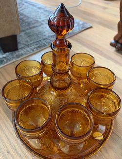 Vintage Indiana Glass Tiara Amber Decanter Set – 8 Goblets & Tray – 1970s