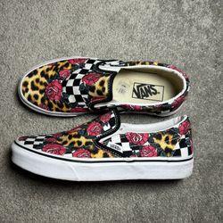 🌹 Vans Classic Slip‑On – “Rose × Leopard × Checkerboard” (Women’s 7.5 / Men’s 6) 