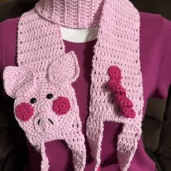 PIGGY FARM Scarf PINK pig LOVER BLACK eyes Crochet Knit Handmade neck warmer