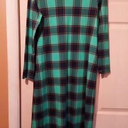 Lands End Cotton Peru Knit Midi Maxi T Shirt Dress Green Plaid XS Modest