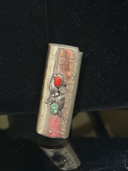 Vintage Native American Navajo Sterling Silver Lighter Cover Case – Turquoise & Coral
