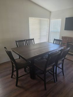 Dark Wood Counter Height Kitchen/Dining Table With 6 Chairs