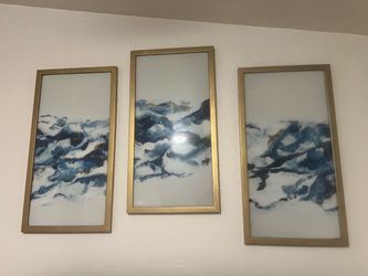 Abstract Blue and Gold Framed Wall Art Set of 3