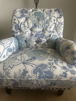 Blue Floral Tufted Upholstered Armchair