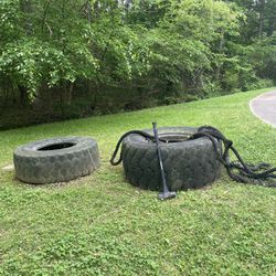 Training Tires, Sledgehammer, Weighted Battle Rope, Weight Bar and Plates