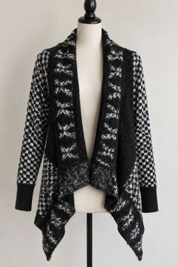 Women’s Black White Knit Open Front Cardigan Boho