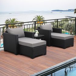 1048 Outdoor PE Wicker Furniture Set, Patio Sectional Chaise Lounge Black Rattan Chairs and Ottomans,Conversation Sofa with Non-Slip Gray Washable Cus