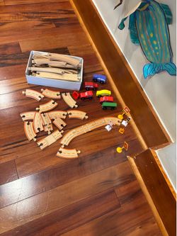Toy cars and wood road/track