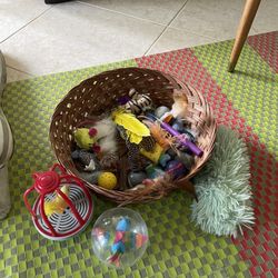 Assorted Cat Toys With Wicker Basket