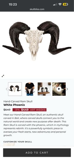 Hand-Carved Ram Skull  with White Phoenix design