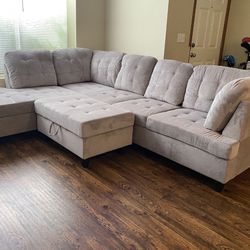COSTCO Grey Chenille Sectional Couch And Ottoman