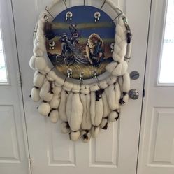 Vintage Large Dream Catcher Fur Wool Feathers Native American Beaded handpainted