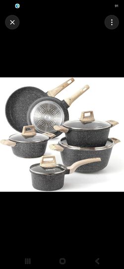 CAROTE Granite Nonstick Cookware Set (Black Speckled with Wood-Grain Handles), approximately 12-piece set.