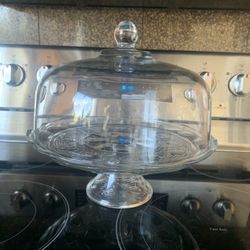 Vintage Glass Cake Stand With Dome/Floral Design 