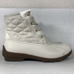 Sperry Syren Gulf Size 9.5 Women Duck Boots White Brown Tan Blue Wool Quilt Rain