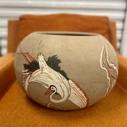 Large Hand Painted Crane Pot 