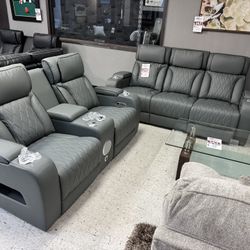 GRAY LEATHER POWER RECLINER SET SOFA LOVESEAT SET WITH SPEAKER SYSTEM 