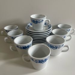 Vantage China Chinese porcelain blue floral rim blue trim tea cup and saucer , (8) sets (16 pieces ) $30