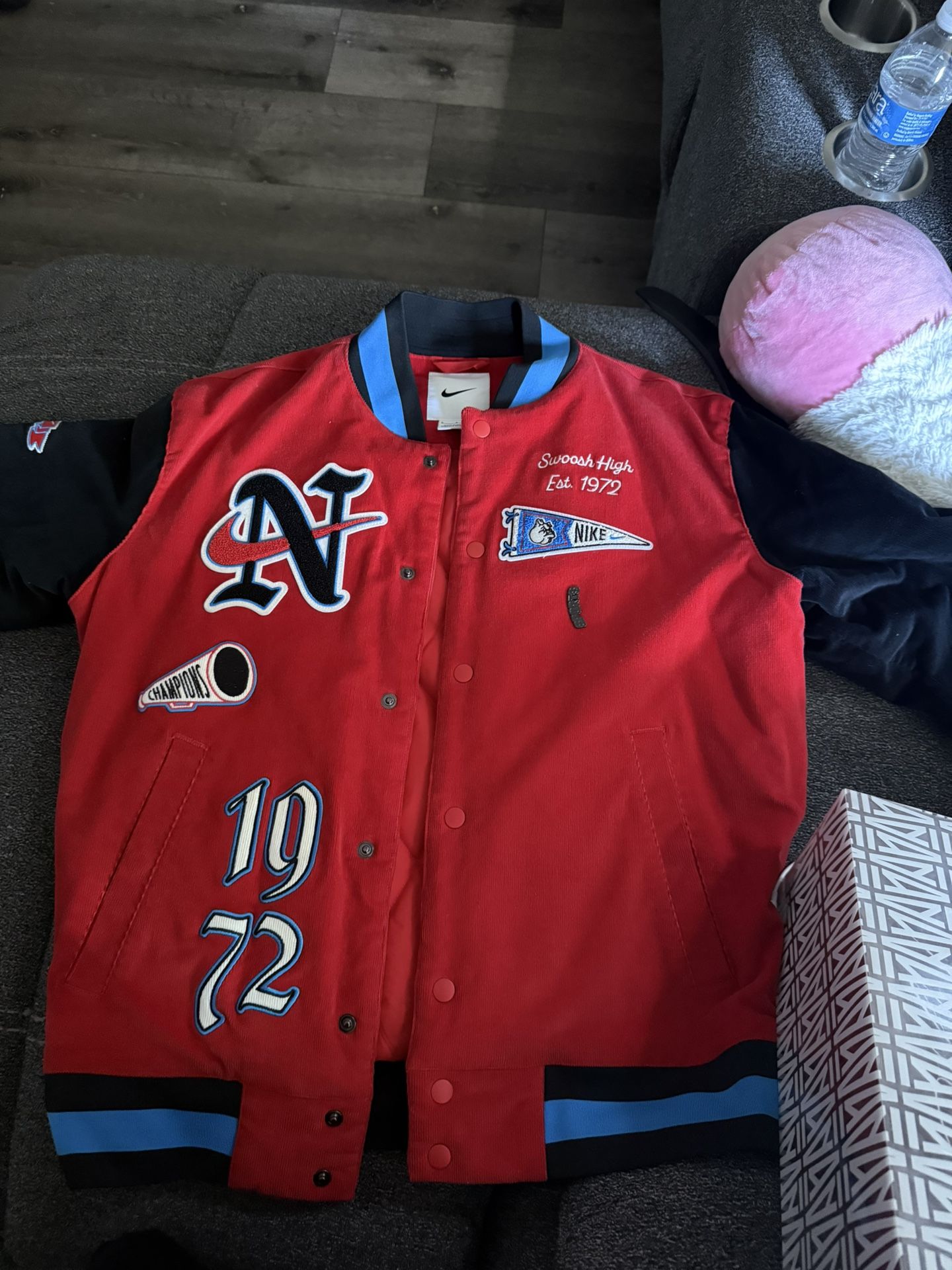 Nike Corduroy Varsity Bomber Jacket 1972 Swoosh Letterman Red/Black Small 