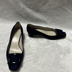 blue suede pumps buckle detail block heel size 7.5 37 1/2
