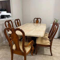 DINING TABLE WITH CHAIRS/ IN GREAT CONDITION/ GENUINE MARBLE TOP/ WOOD LEGS