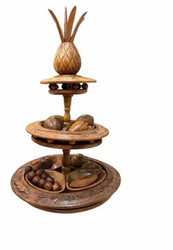 Vintage Hand-Carved, Three-Tiered Monkey Pod Wood Lazy Susan Serving Tray