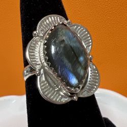 Southwestern Flower Floral Labradorite Stone Sterling Silver 925 Ring Size 6