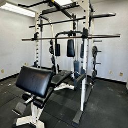 Complete Home Gym Smith Machine w/ 200lbs Weight + Bench + 255lb Olympic Set + Stall Mats 