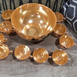 Vintage  Peach Luster, Punch Bowl Set Of 12 PCs 