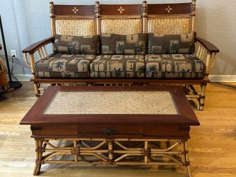 Bamboo Rattan Living Room Furniture with Palm Tree Cushions