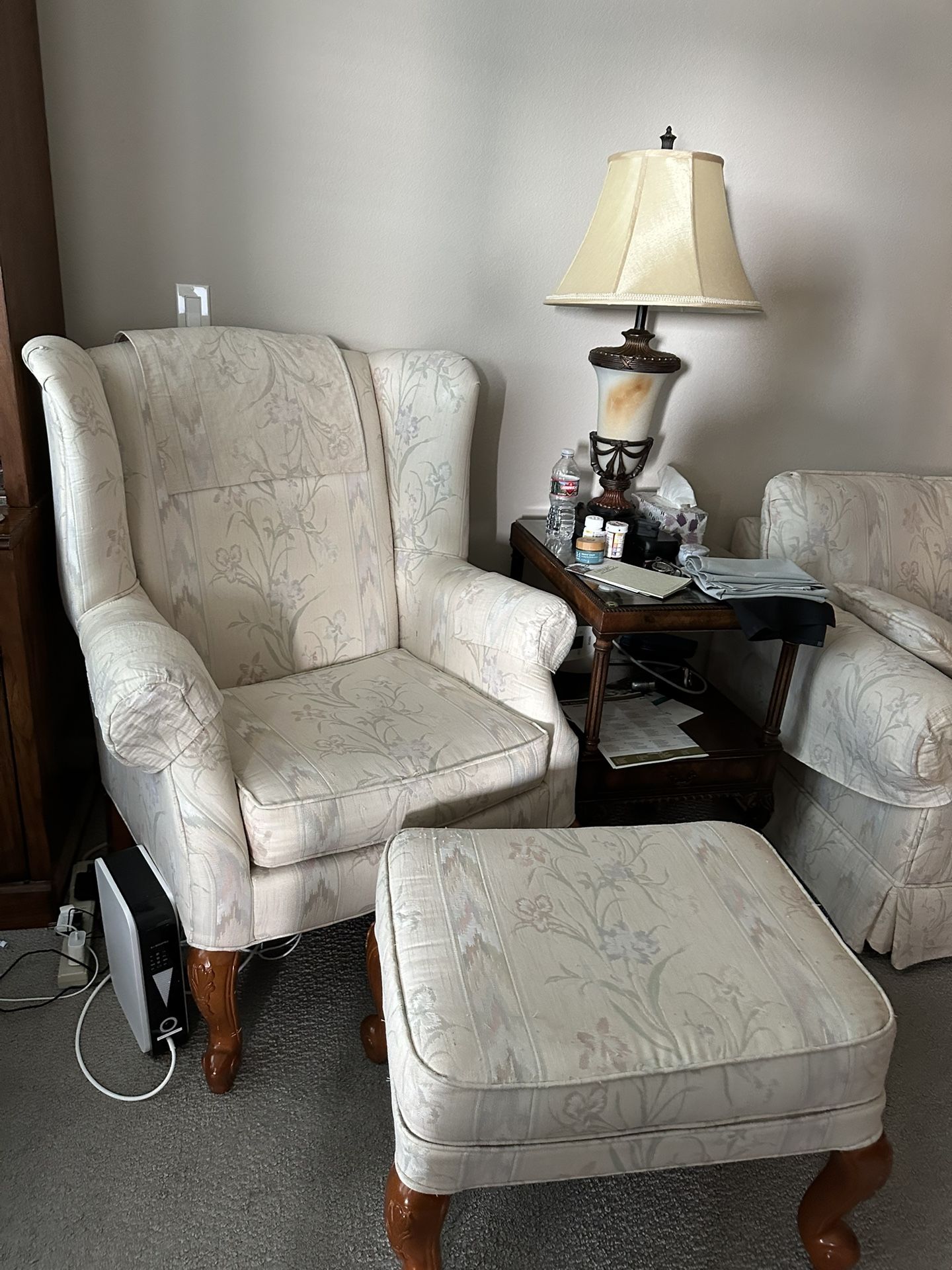 White Sofa And matching High Back Chair And Ottoman