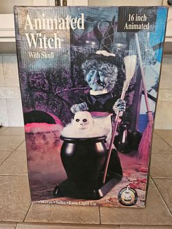 Vintage Halloween Animated Witch with Skull in Cauldron