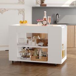 LED Kitchen Island with Tempered Glass Top, Rolling Storage Cabinet with 3-Color Lighting