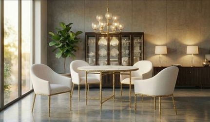 Marble Dining Table | 48" White Round Table w/ Gold Legs | White Upholstered Dining Chairs