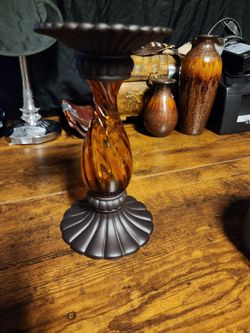 Amber Glass & Bronze Candlestick Holder / Pillar Stand