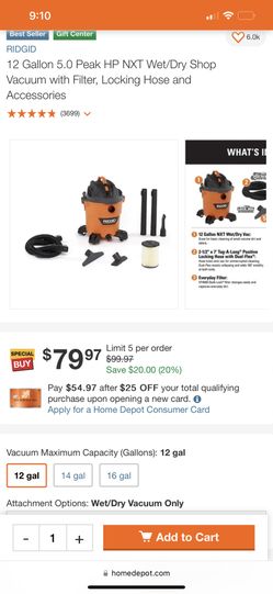 Rigid Wet/dry Vac 12 Gallon 5.0 Peak HP